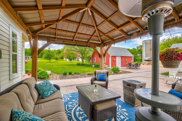 8632 Neal Ave S, Denmark Twp, MN 55033 - view of patio / terrace with an outdoor living space, an outbuilding, and a gazebo