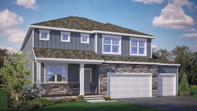 8397 Brumby Trl, Woodbury, MN 55129 - view of front facade featuring stone siding, an attached garage, driveway, and board and batten siding