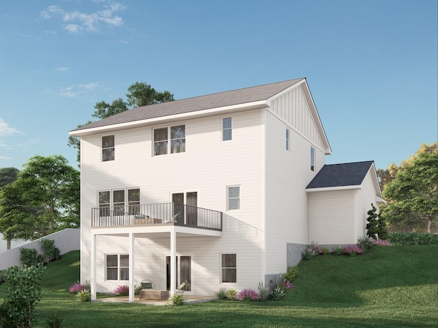 13430 Cadogan Way, Rosemount, MN 55068 - back of house featuring board and batten siding, a balcony, a lawn, and a patio