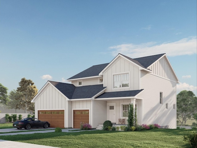 13430 Cadogan Way, Rosemount, MN 55068 - modern farmhouse with board and batten siding, a front yard, an attached garage, a shingled roof, and concrete driveway
