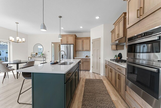 13430 Cadogan Way, Rosemount, MN 55068 - kitchen with stainless steel appliances, a sink, light wood-style floors, light countertops, and a kitchen island with sink