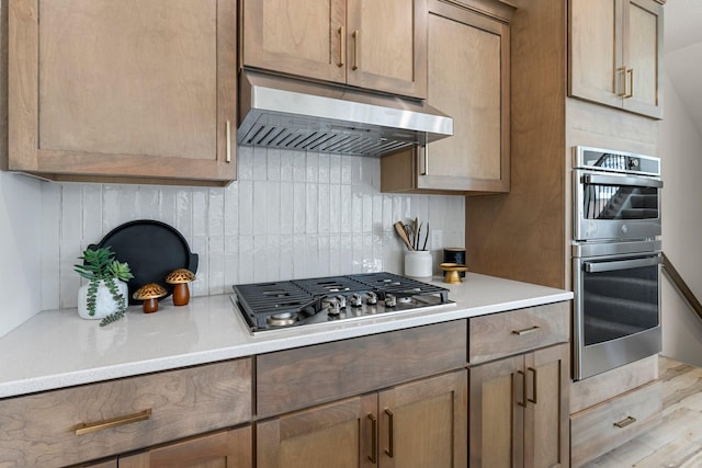 13430 Cadogan Way, Rosemount, MN 55068 - kitchen with under cabinet range hood, appliances with stainless steel finishes, decorative backsplash, and light countertops