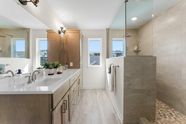 13430 Cadogan Way, Rosemount, MN 55068 - full bathroom with double vanity, walk in shower, wood finished floors, and baseboards