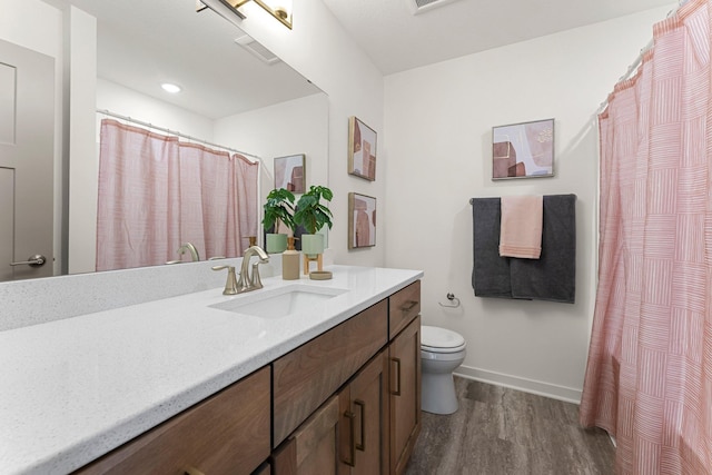 13430 Cadogan Way, Rosemount, MN 55068 - bathroom with wood finished floors, vanity, toilet, baseboards, and a shower with curtain