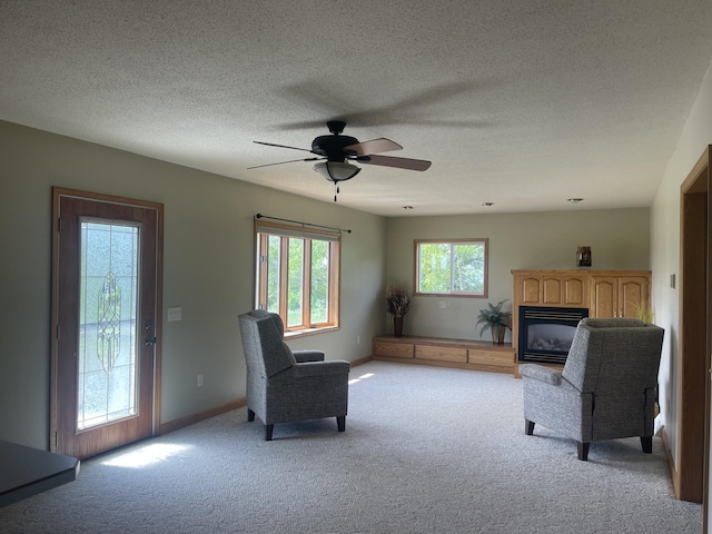 22 Jayvee Ln, Lake Sarah Twp, MN 56132 - living room featuring light carpet, a glass covered fireplace, ceiling fan, and a textured ceiling