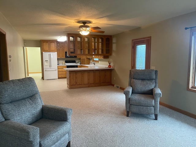 22 Jayvee Ln, Lake Sarah Twp, MN 56132 - kitchen featuring white refrigerator with ice dispenser, open floor plan, black / electric stove, brown cabinetry, and a peninsula