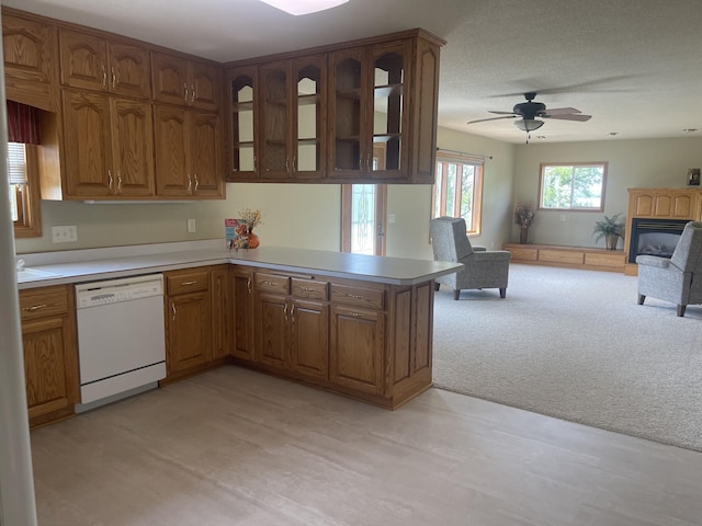 22 Jayvee Ln, Lake Sarah Twp, MN 56132 - kitchen featuring white dishwasher, open floor plan, glass insert cabinets, brown cabinetry, and a glass covered fireplace