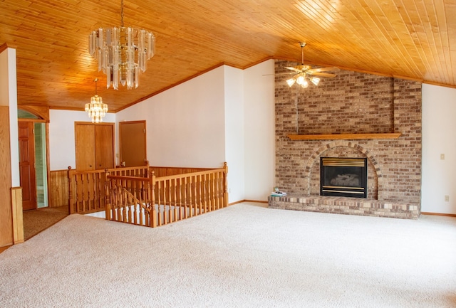 32682 S Bay Ln, Breezy Point, MN 56472 - unfurnished living room featuring vaulted ceiling, wooden ceiling, carpet flooring, and a chandelier
