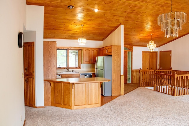 32682 S Bay Ln, Breezy Point, MN 56472 - kitchen featuring appliances with stainless steel finishes, lofted ceiling, a chandelier, light carpet, and wood ceiling