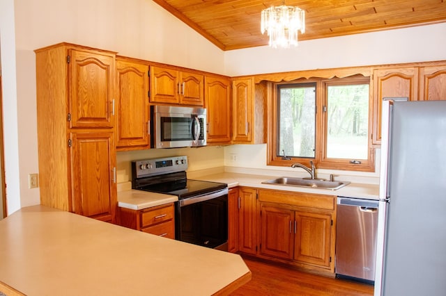 32682 S Bay Ln, Breezy Point, MN 56472 - kitchen featuring appliances with stainless steel finishes, wooden ceiling, a sink, brown cabinets, and light countertops