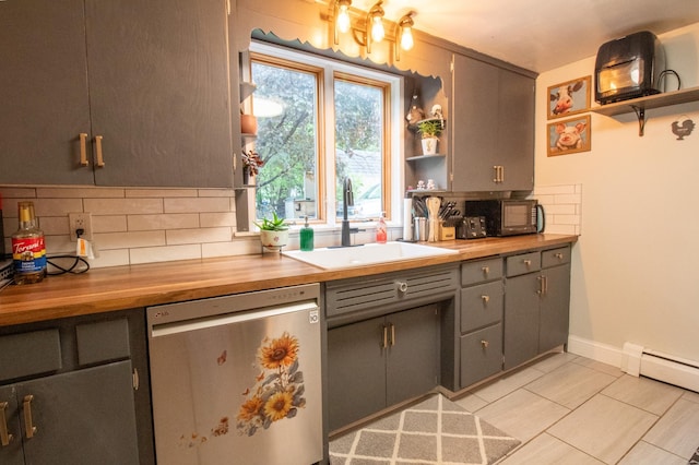 kitchen with stainless steel dishwasher, open shelves, butcher block countertops, and backsplash