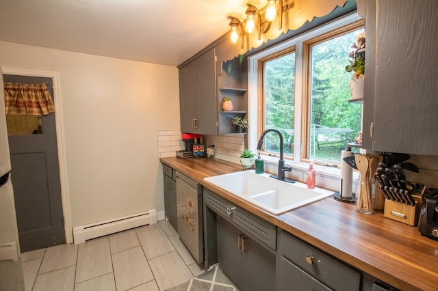 kitchen with a baseboard radiator, a sink, decorative backsplash, wooden counters, and gray cabinetry