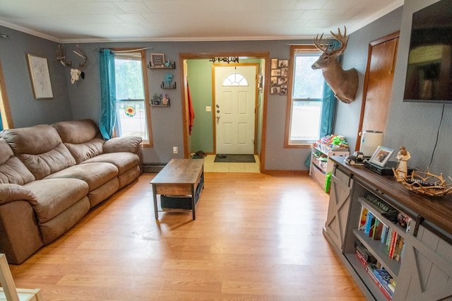 living area with crown molding and light wood-style floors