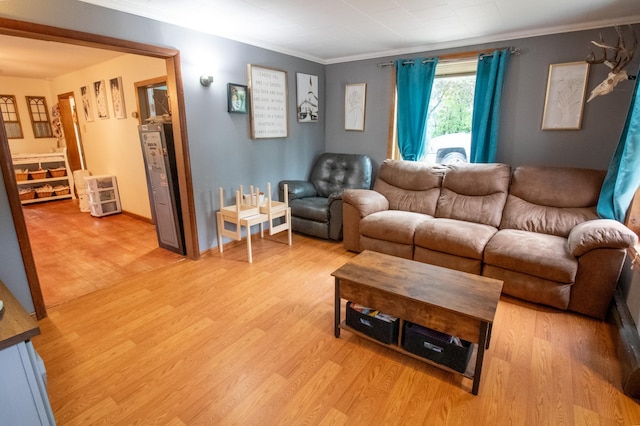 living room featuring ornamental molding and light wood-style flooring