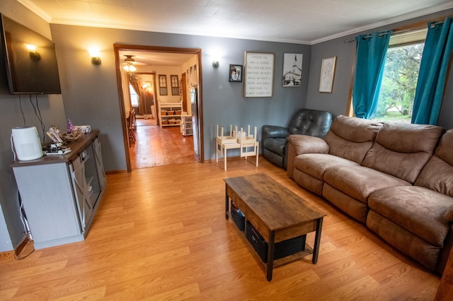 living room with crown molding, ceiling fan, and light wood finished floors