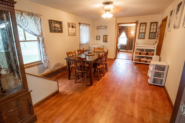 dining space featuring wood finished floors, a baseboard radiator, baseboards, and ceiling fan