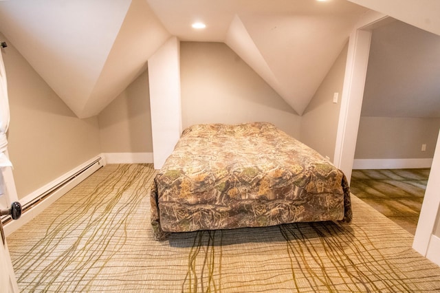 bedroom featuring carpet, a baseboard radiator, lofted ceiling, recessed lighting, and baseboards