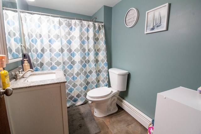 bathroom featuring baseboard heating, vanity, toilet, tile patterned floors, and a shower with curtain