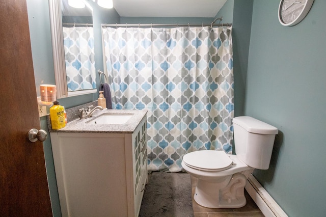 bathroom with toilet, vanity, tile patterned floors, a baseboard heating unit, and a shower with shower curtain