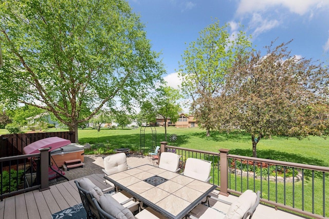 1665 Royal Oak Dr, Chaska, MN 55318 - deck featuring a hot tub, outdoor dining space, and a yard