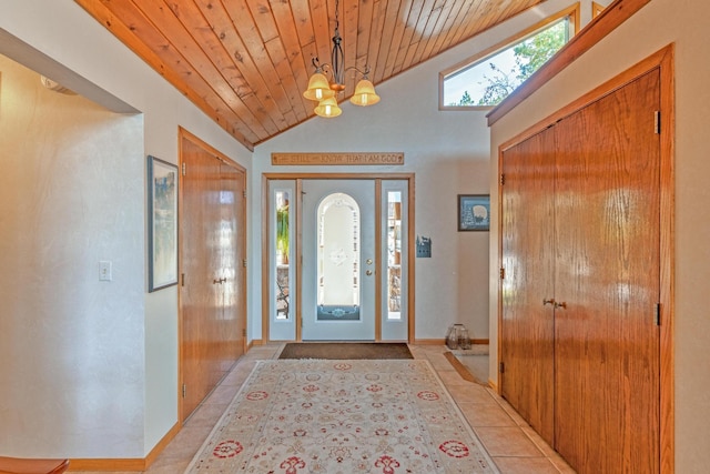 36737 Shoreview Dr, Wabana Twp, MN 55744 - entryway with wood ceiling, a chandelier, light tile patterned floors, and high vaulted ceiling