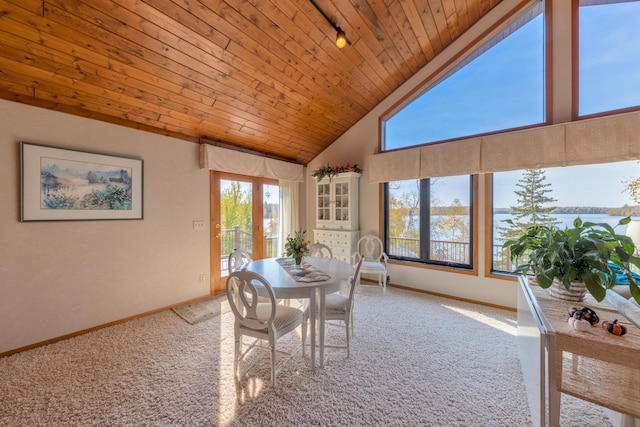 36737 Shoreview Dr, Wabana Twp, MN 55744 - sunroom with wooden ceiling, carpet flooring, baseboards, high vaulted ceiling, and rail lighting