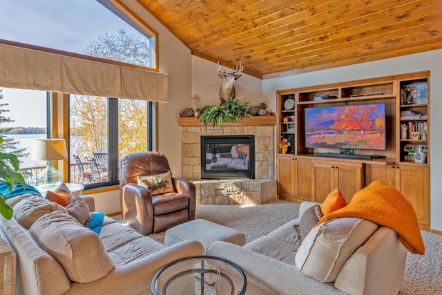 36737 Shoreview Dr, Wabana Twp, MN 55744 - living area featuring lofted ceiling, wooden ceiling, carpet floors, and a tile fireplace