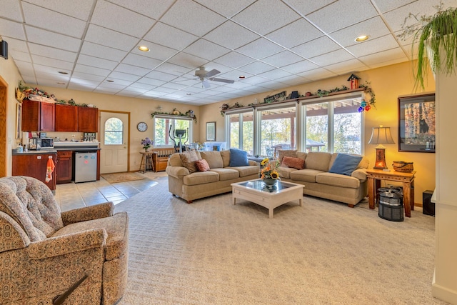 36737 Shoreview Dr, Wabana Twp, MN 55744 - living area with a drop ceiling, a ceiling fan, recessed lighting, and light tile patterned flooring