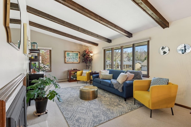 7012 Sally Ln, Edina, MN 55439 - carpeted living area with beamed ceiling, baseboards, and baseboard heating