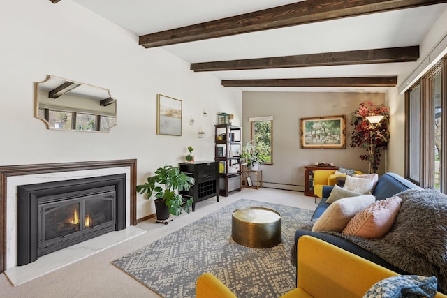 7012 Sally Ln, Edina, MN 55439 - living room featuring baseboard heating, plenty of natural light, carpet, and beam ceiling