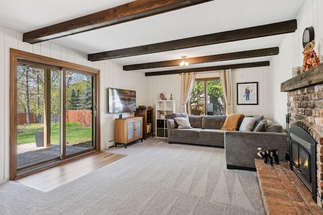 7012 Sally Ln, Edina, MN 55439 - carpeted living room featuring a brick fireplace, beam ceiling, wood walls, and baseboard heating