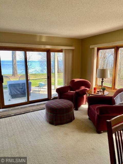 8012 Par Five Dr, South Harbor Twp, MN 56359 - living area with healthy amount of natural light, carpet flooring, and a textured ceiling