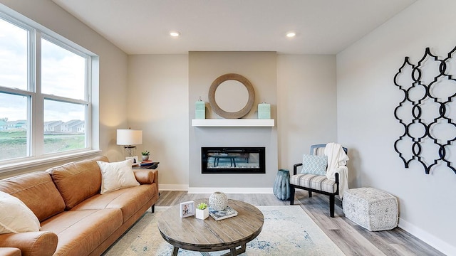 6562 208th St W, Farmington, MN 55024 - living room featuring wood finished floors, recessed lighting, a glass covered fireplace, and baseboards