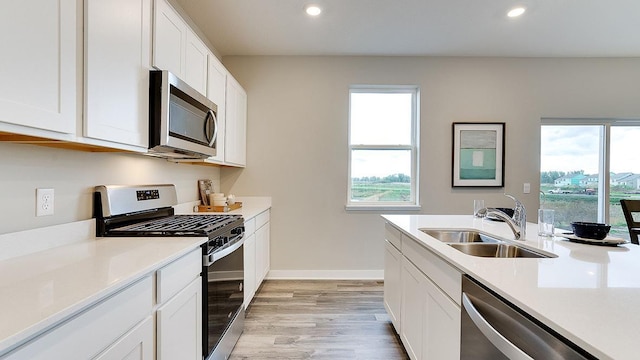 6562 208th St W, Farmington, MN 55024 - kitchen featuring appliances with stainless steel finishes, a sink, recessed lighting, light wood finished floors, and healthy amount of natural light