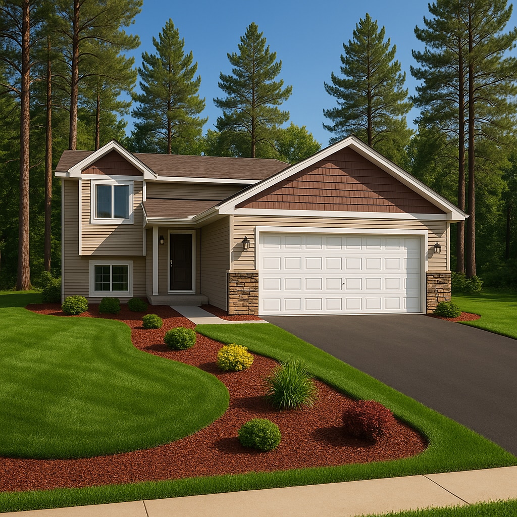 TBD1 317th Ct NW, Bradford Twp, MN 55008 - split level home with stone siding, asphalt driveway, an attached garage, and a front lawn