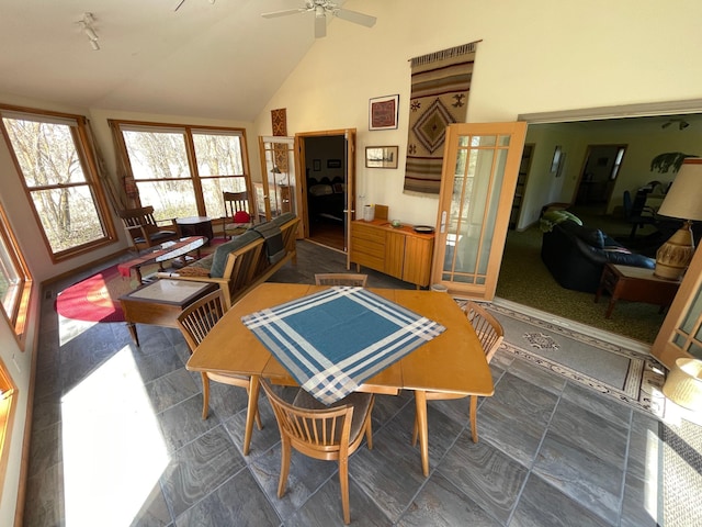 37165 300th Ave NE, Rollis Twp, MN 56724 - dining space with high vaulted ceiling and ceiling fan