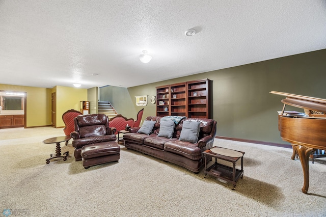 1395 Highpointe Dr N, Fargo, ND 58102 - living area with carpet floors, stairs, a textured ceiling, and baseboards