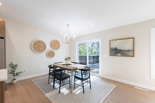 8464 Greenwood Dr, Mounds View, MN 55112 - dining space featuring a chandelier, light wood finished floors, and baseboards