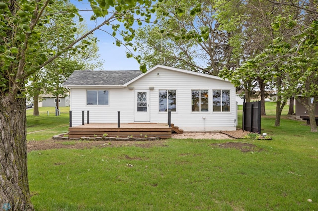 24527 Twilight Ln, Lida Twp, MN 56572 - back of property with a wooden deck, roof with shingles, and a lawn