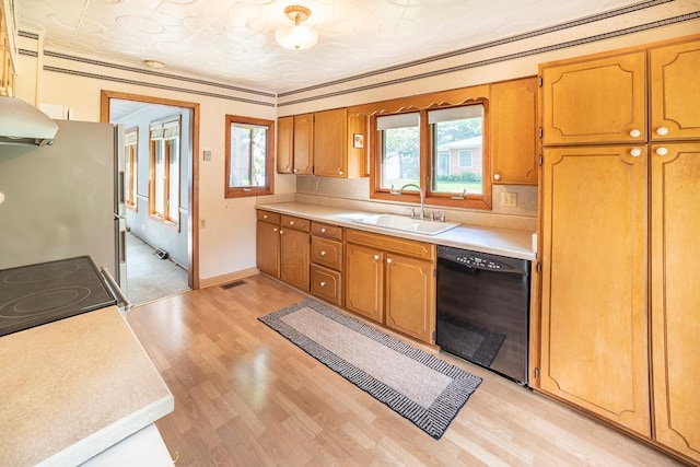 6769 County Road 13, Lake Edward Twp, MN 56468 - kitchen with black dishwasher, a sink, under cabinet range hood, light wood finished floors, and light countertops