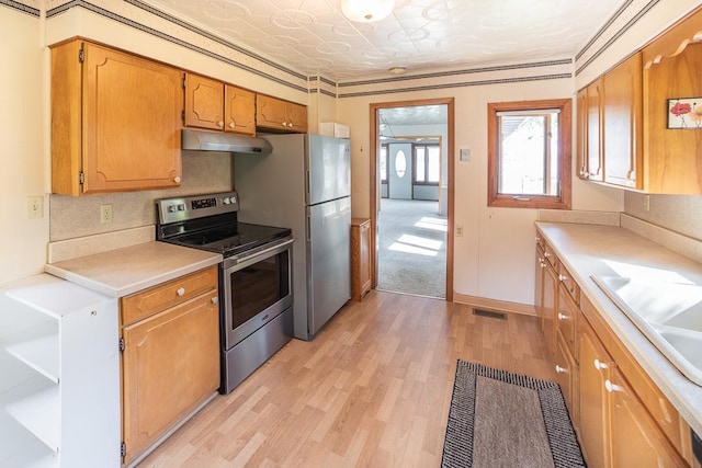 6769 County Road 13, Lake Edward Twp, MN 56468 - kitchen with appliances with stainless steel finishes, under cabinet range hood, light wood-style flooring, light countertops, and a sink