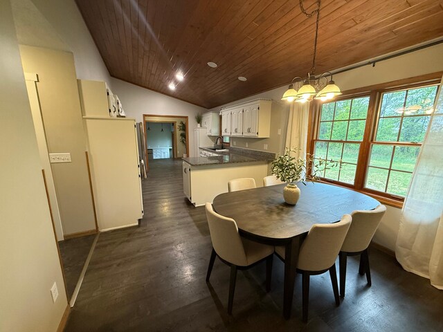50429 245th Ave, Staples Twp, MN 56479 - dining room featuring wood ceiling, baseboards, dark wood-style flooring, lofted ceiling, and a chandelier