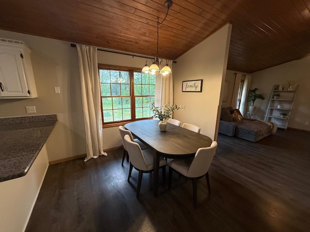 50429 245th Ave, Staples Twp, MN 56479 - dining room with wooden ceiling, a chandelier, dark wood-type flooring, baseboards, and lofted ceiling