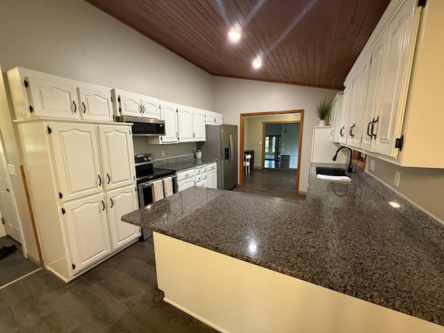 50429 245th Ave, Staples Twp, MN 56479 - kitchen with a sink, appliances with stainless steel finishes, wood ceiling, a peninsula, and white cabinets