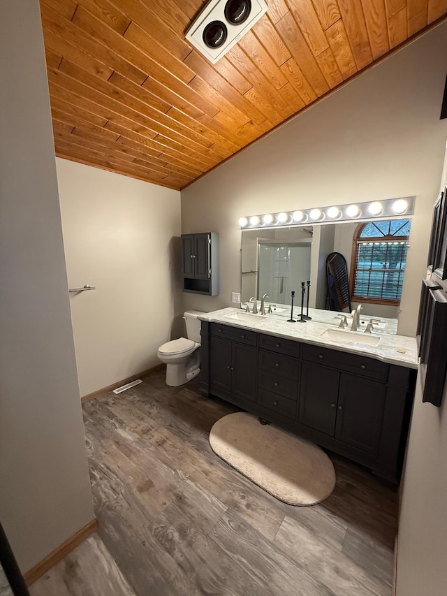 50429 245th Ave, Staples Twp, MN 56479 - bathroom featuring vaulted ceiling, wooden ceiling, wood finished floors, toilet, and double vanity
