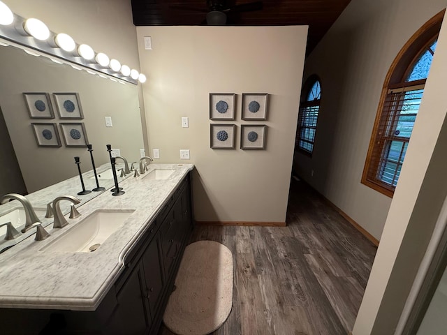 50429 245th Ave, Staples Twp, MN 56479 - full bath featuring wood finished floors, double vanity, a ceiling fan, and baseboards