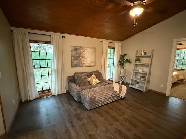 50429 245th Ave, Staples Twp, MN 56479 - bedroom featuring wood ceiling, dark wood-type flooring, lofted ceiling, baseboards, and ceiling fan