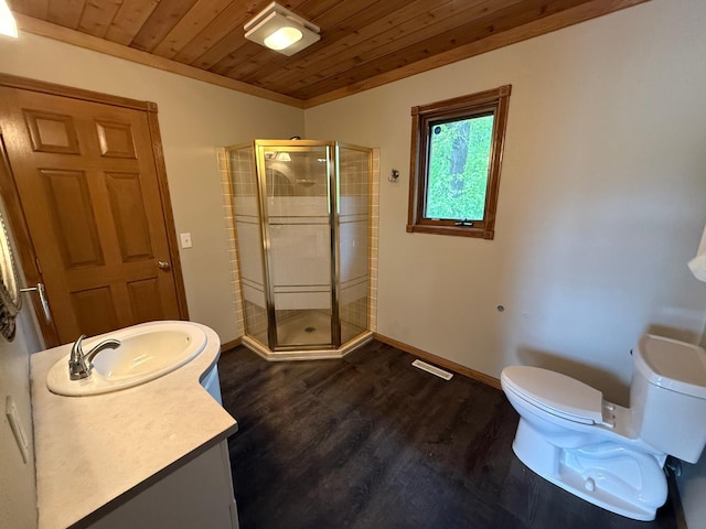 50429 245th Ave, Staples Twp, MN 56479 - bathroom with wooden ceiling, toilet, vanity, wood finished floors, and a stall shower