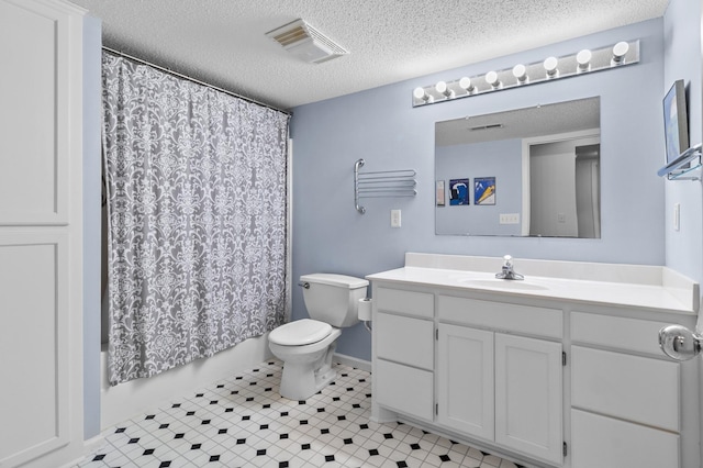 216 Crestview Cir, Jordan, MN 55352 - bathroom featuring vanity, a textured ceiling, toilet, shower / tub combo with curtain, and tile patterned flooring