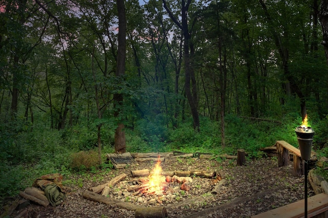 216 Crestview Cir, Jordan, MN 55352 - view of yard featuring an outdoor fire pit and a view of trees